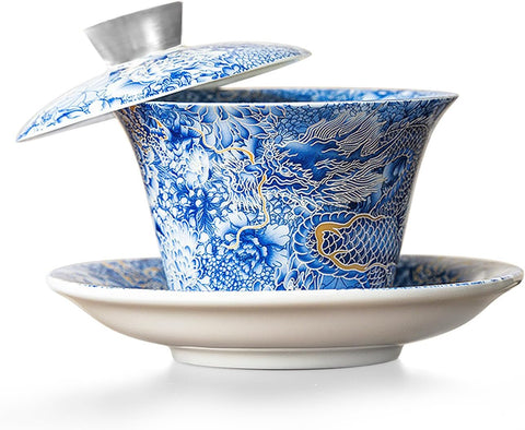 Çin Ejderhası Gaiwan Mavi Sancai Çay Kasesi Seti, 100 ml Porselen Fincan ve Tabak