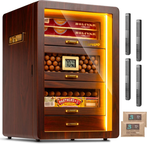 200 Puro Kapasiteli Cigar Humidor, Dijital Higrometreli, Sedar Çekmeceli, Nemlendiricili