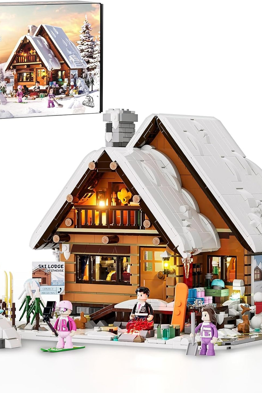 Christmas Ski House Işıklı Yapı Blokları Seti, 2187 Parça, Kar Evinde Kayak ve Noel Partisi Sahnesi
