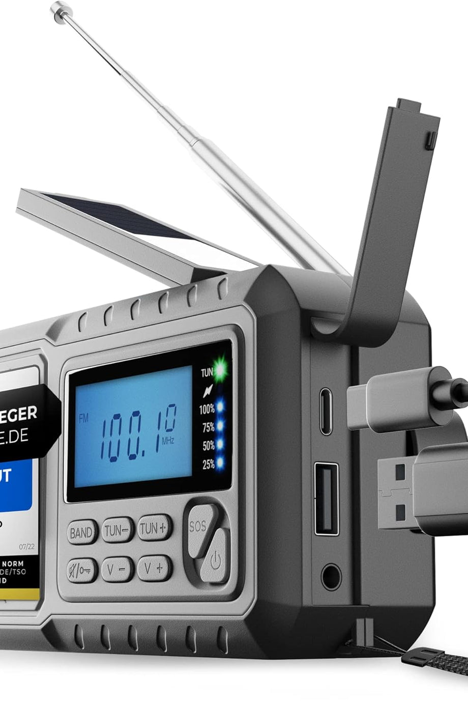 Krank Acil Durum Radyosu, Güneş Enerjili & Manivelalı, 5000mAh Pil, El Feneri, USB Şarj,