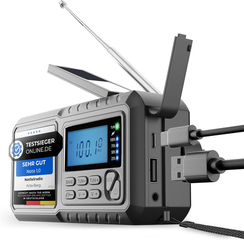 Krank Acil Durum Radyosu, Güneş Enerjili & Manivelalı, 5000mAh Pil, El Feneri, USB Şarj,