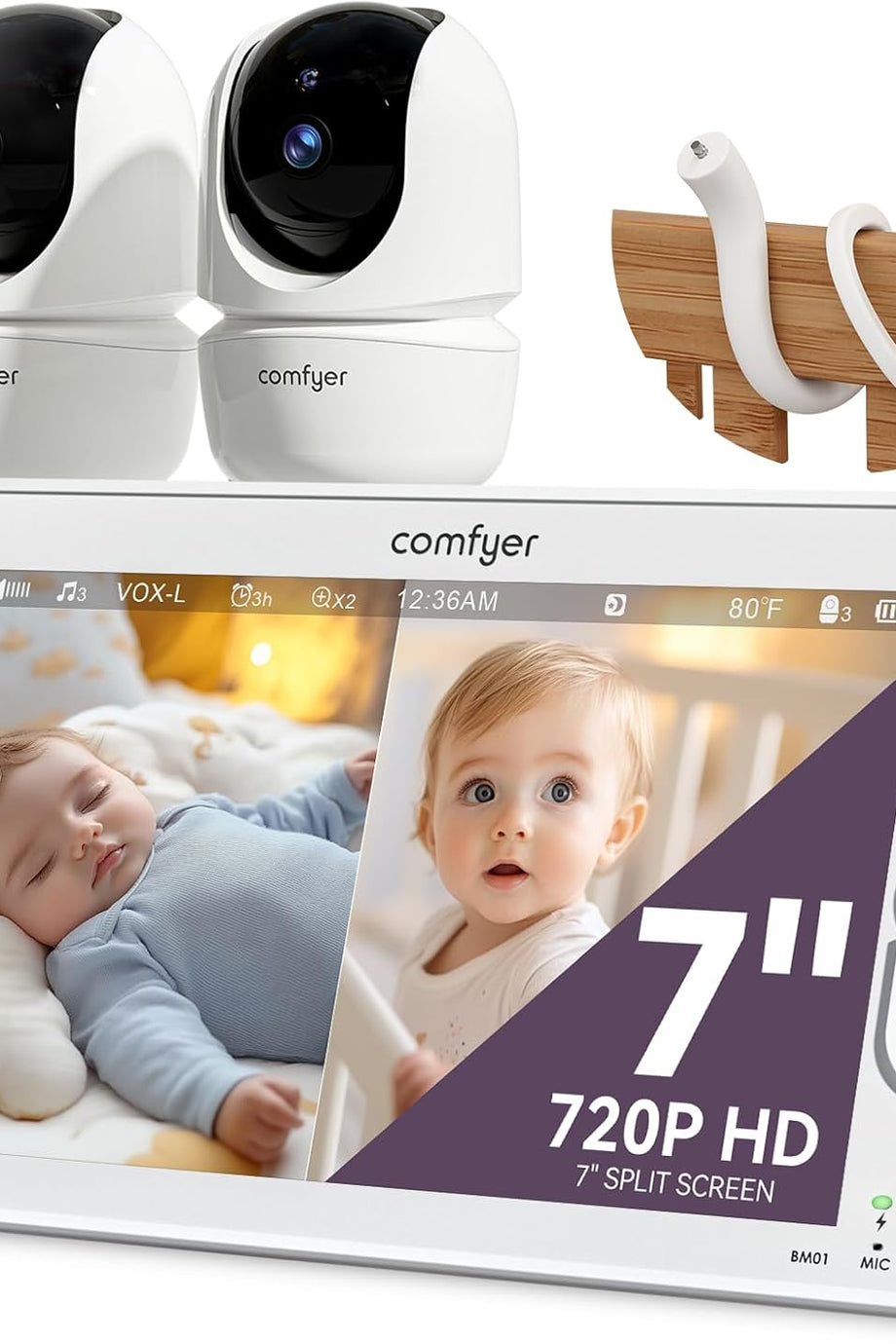 2 Kameralı 7 İnç HD Bebek Monitörü, 960 Feet Menzil, Gece Görüşü, 2 Yönlü Ses, Vox Modu