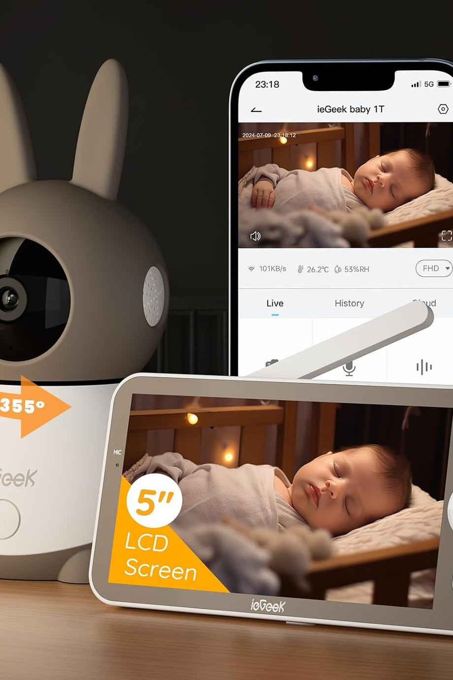 2K/3MP WiFi Bebek Monitörü, 5" Ekran, 360° Görüş, Otomatik Takip, Gece Görüşü, Hareket Algılama