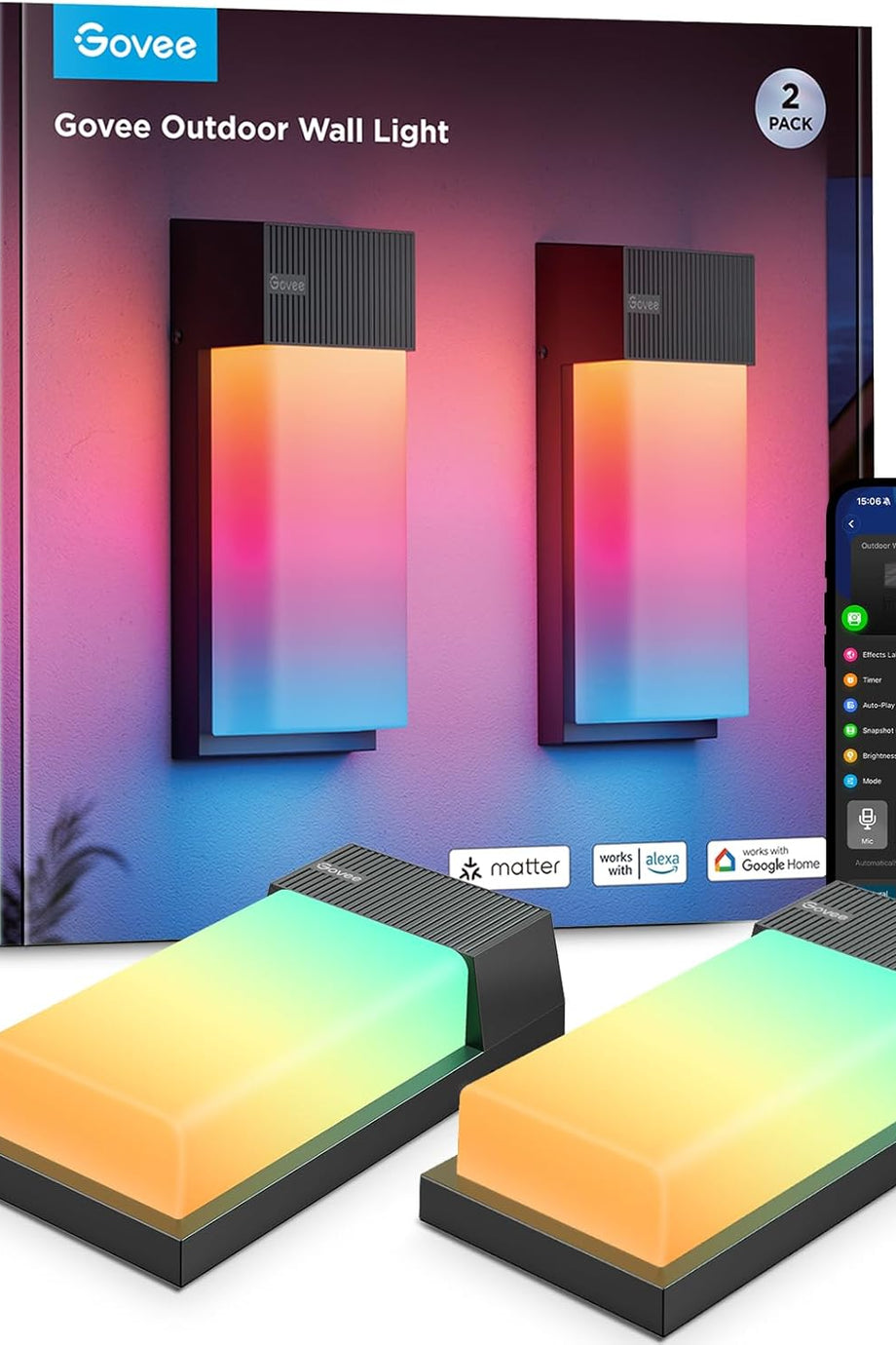 RGBIC Dış Mekan Duvar Lambası 2'li, 1500LM, IP65 Su Geçirmez, Wi-Fi Kontrolü