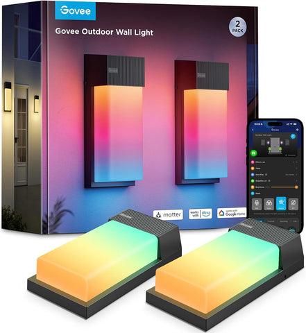 RGBIC Dış Mekan Duvar Lambası 2'li, 1500LM, IP65 Su Geçirmez, Wi-Fi Kontrolü