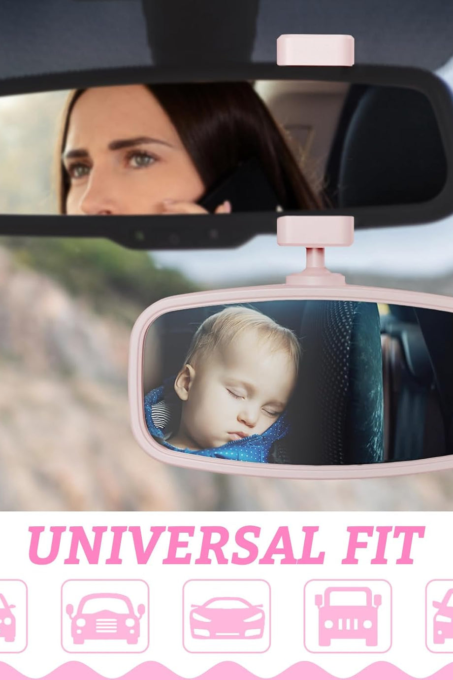 Bebek Araba Dikiz Aynası, Pembe, 360° Döndürülebilir, Yaylı Klipsli