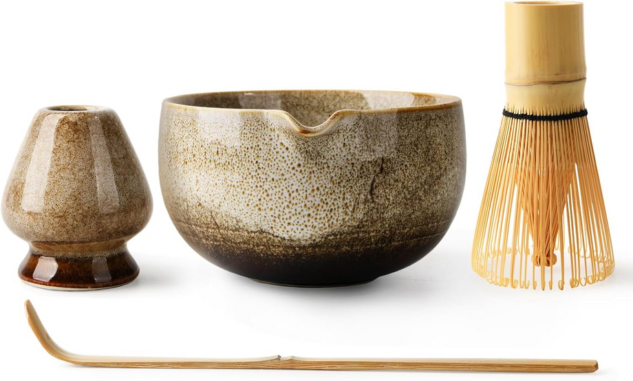 Japon Seremoni Matcha Seti Ağızlı Seramik Kase, Bambu Çırpıcı ve Kaşık ile 4 Parça Kit