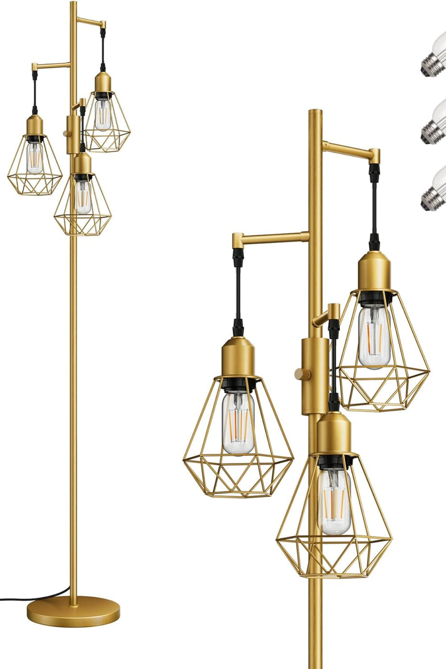 3 Başlıklı Dimlenebilir Retro Ayaklı Lamba E27 LED, Kafes Şapkalı, 166 cm