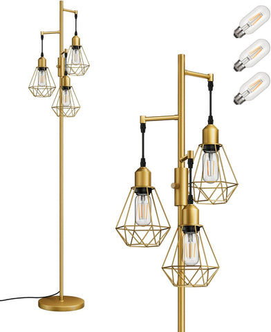 3 Başlıklı Dimlenebilir Retro Ayaklı Lamba E27 LED, Kafes Şapkalı, 166 cm