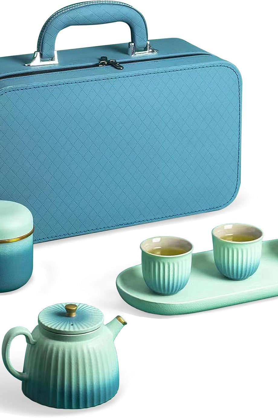 8 Parça Çin Kungfu Çay Seti, Porselen, Çaydanlık, Tepsi ve Seyahat Çantası