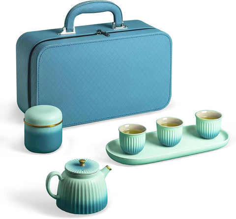 8 Parça Çin Kungfu Çay Seti, Porselen, Çaydanlık, Tepsi ve Seyahat Çantası