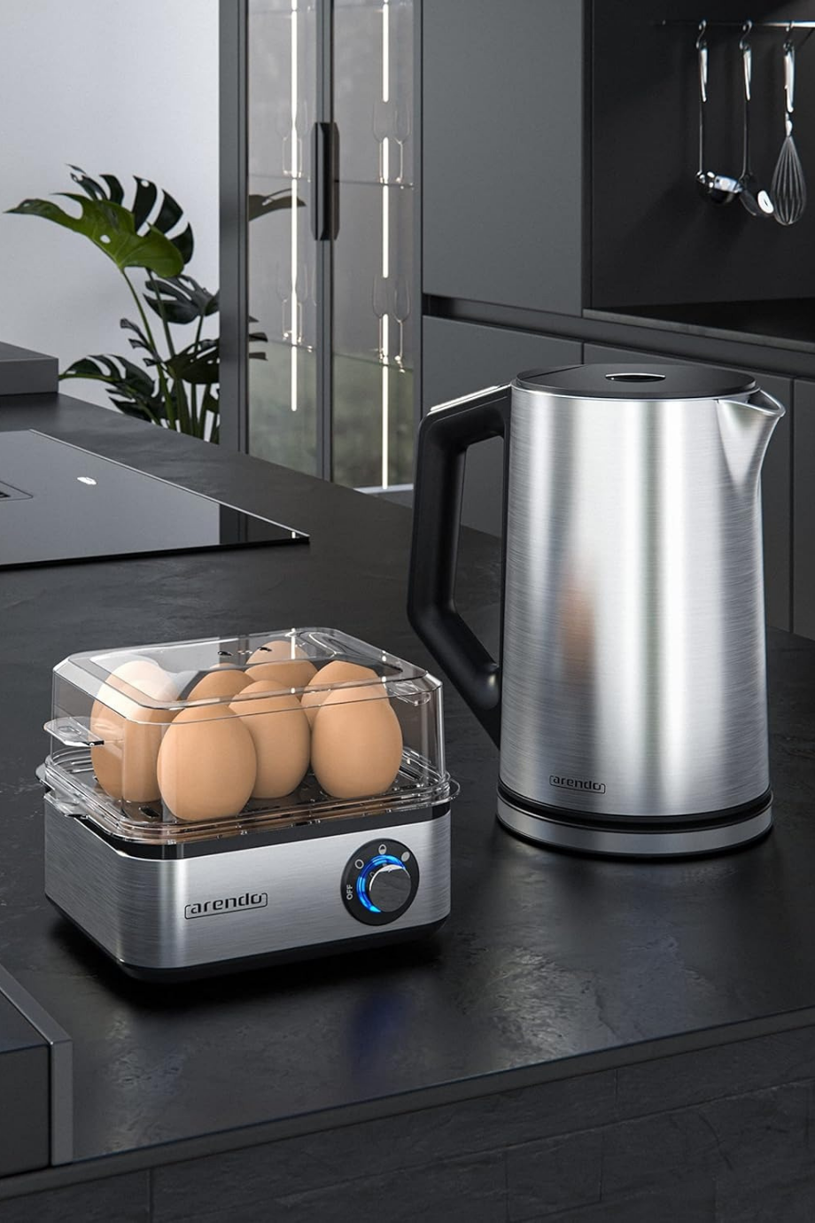 8 Gözlü Yumurta Pişirici ve Sıcaklık Ayarlı Paslanmaz Çelik Su Isıtıcı Seti