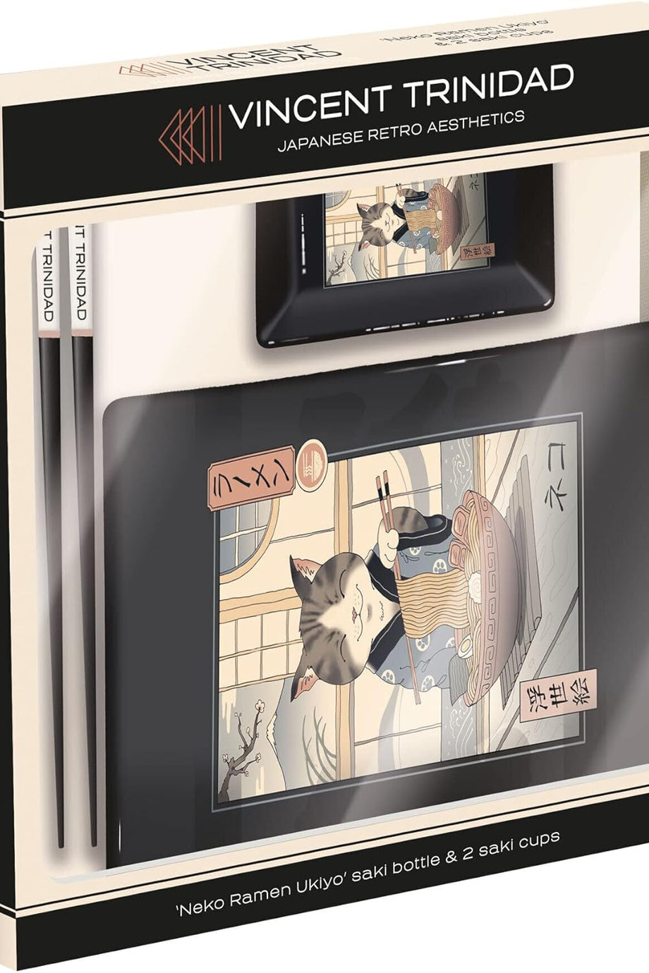 Tasarımlı Neko Sushi Seti – Seramik Tabak, Sos Kasesi ve Ahşap Çubuklar ile Retro Japon Tarzı