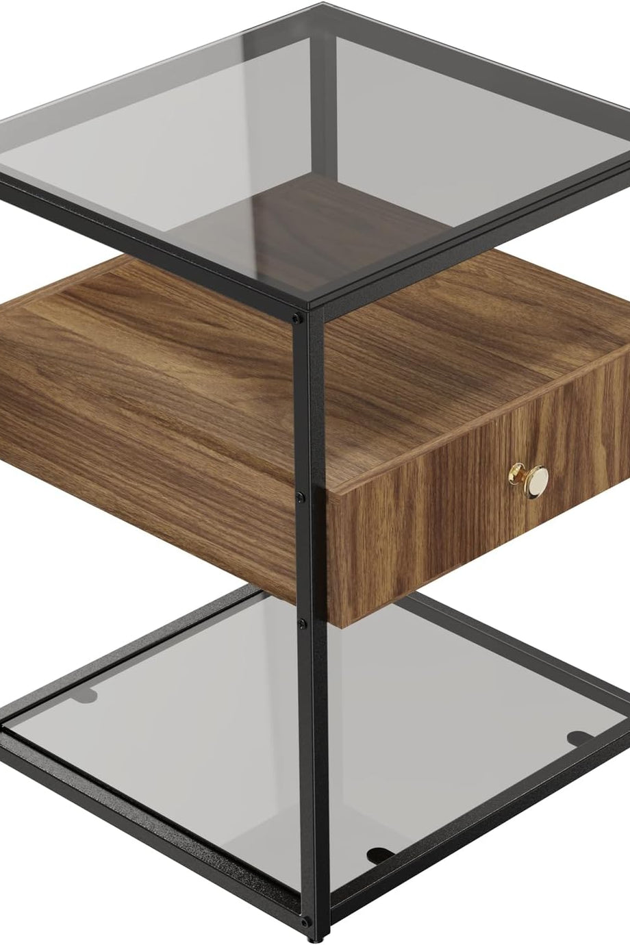 2 Katlı Bronz Temperli Cam ve Çekmeceli Gece Sehpası, Rustik Başucu Masası