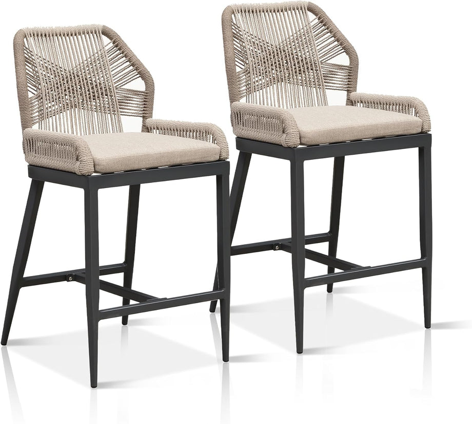Rivera Bar Taburesi 2’li Set, Alüminyum Gövde, Rattan Sırtlık, Ayak Destekli