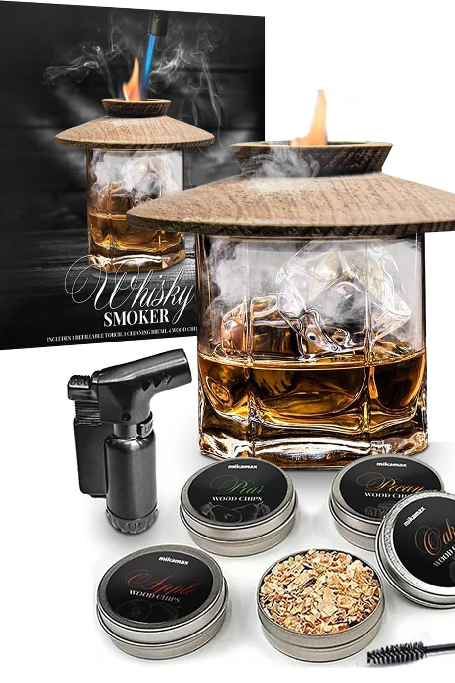 Viski Tütsüleme Seti, 4 Aromalı Kokteyl Smoker + Jet Çakmak ve Temizleme Fırçası