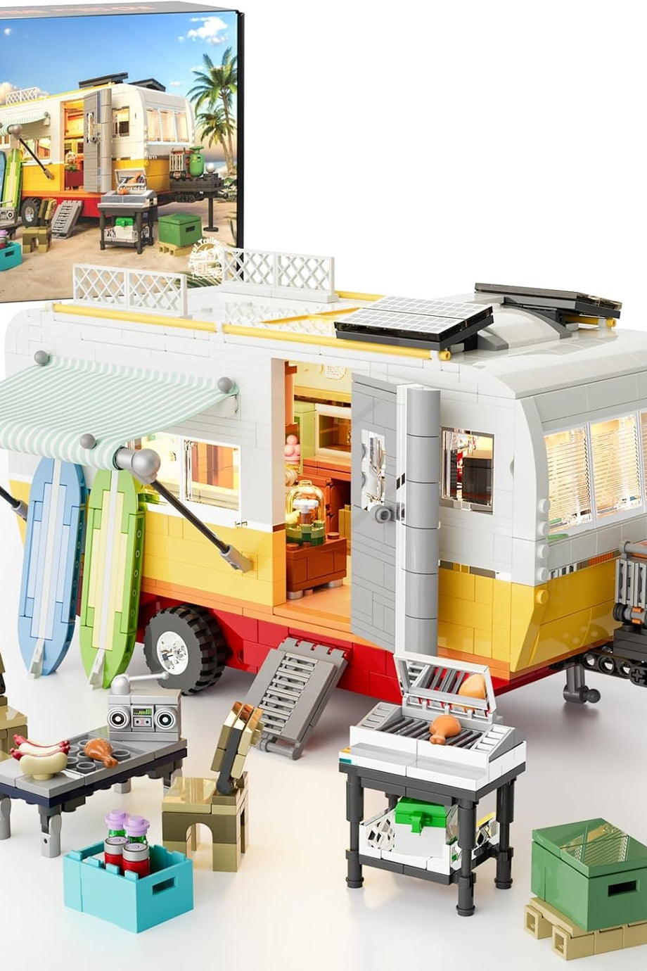 Motorhome Işıklı Yapı Blokları Seti, 1325 Parça, Klasik Karavan, LED Işık, Sahil Kampı Modeli