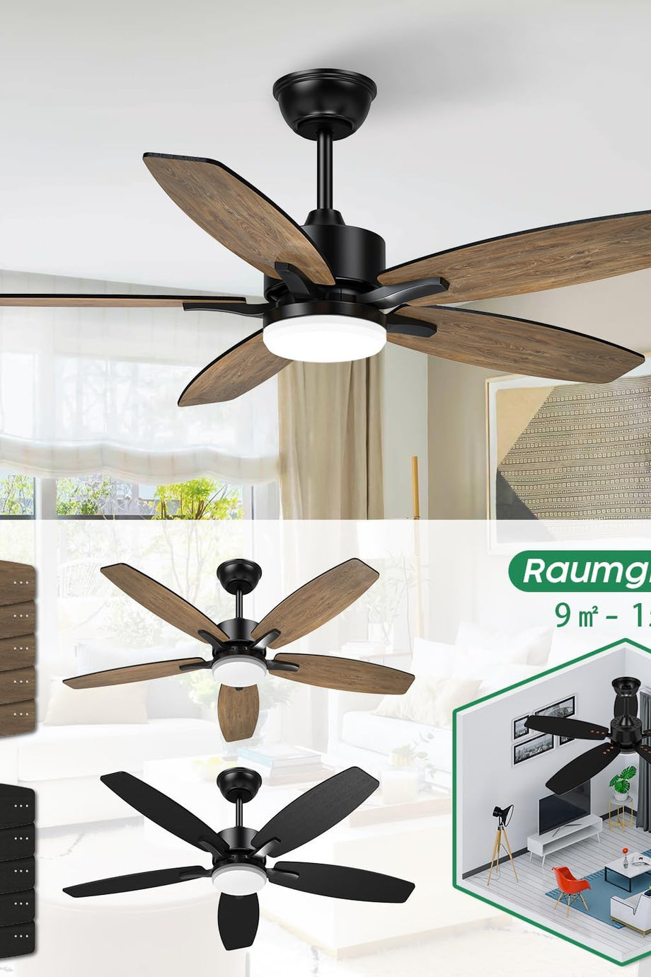 106 cm Tavan Vantilatörü ve LED Aydınlatma,Sessiz, 5 Ahşap Kanatlı