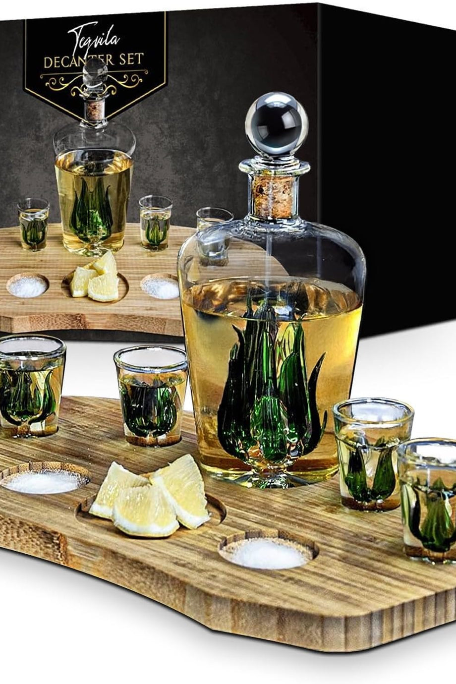 Tequila Decanter Set El Yapımı Agave Şişe, Shot Bardakları, Bambuk Tabak ile Lüks Set
