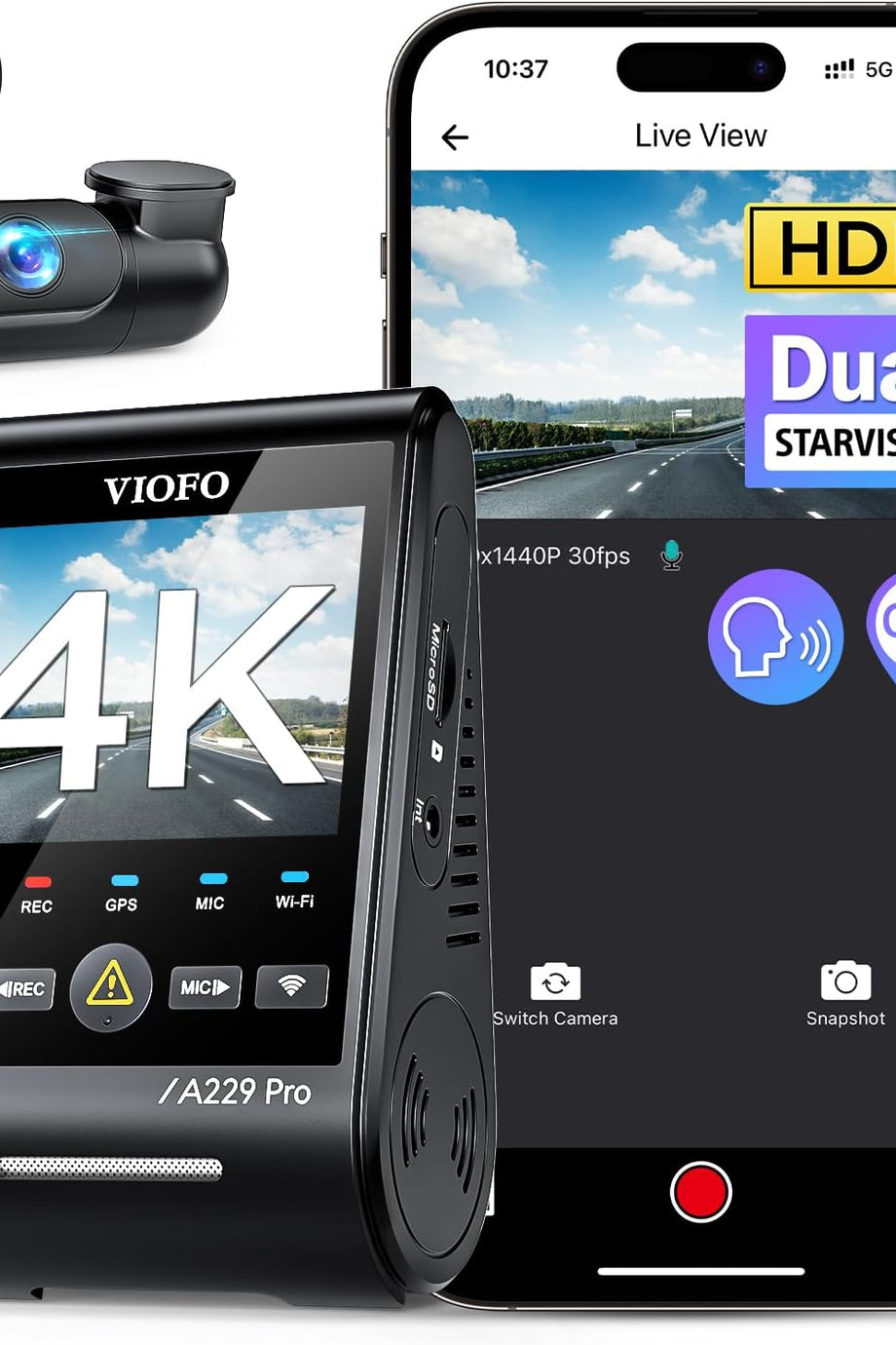 A229 Pro 4K HDR Dash Cam, Dual STARVIS 2 Sensörler, 5GHz Wi-Fi, GPS, 24 Saat Park İzleme