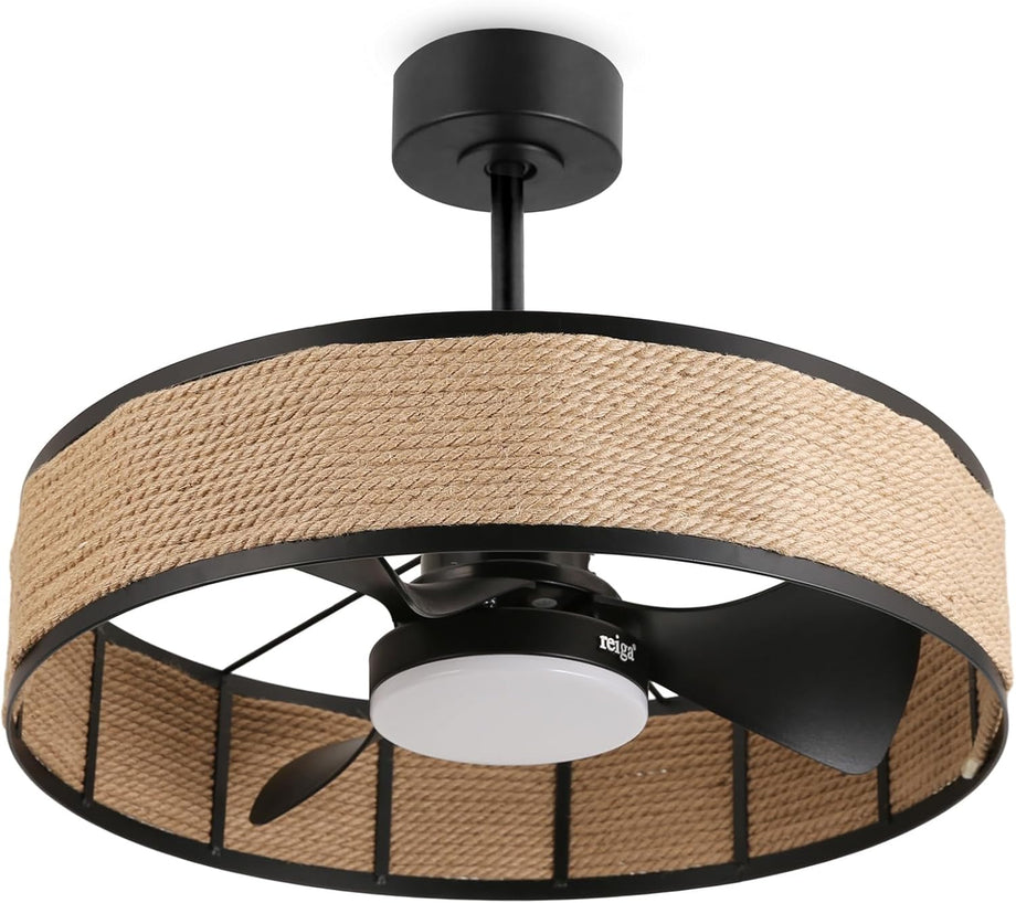 60,5 cm Örgü Rattan Tavan Vantilatörü, Işıklı, Uzaktan Kumandalı, 3 Kanatlı, Bohem Tarzı