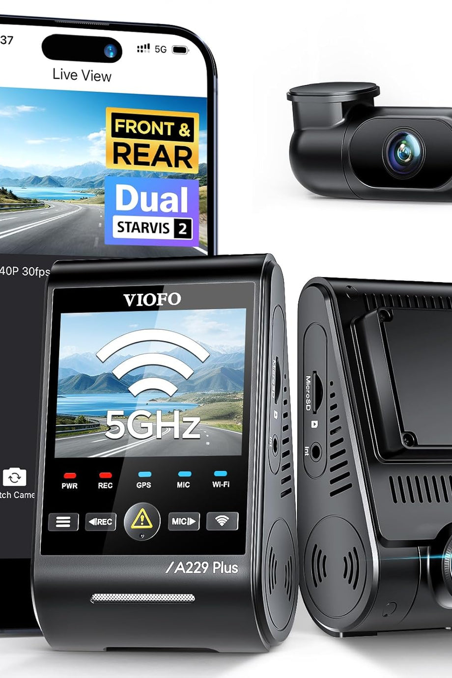 A229 Plus 1440P+1440P Dual Dash Cam, Sony STARVIS 2 Sensörler, 5GHz Wi-Fi, GPS, Sesli Kontrol