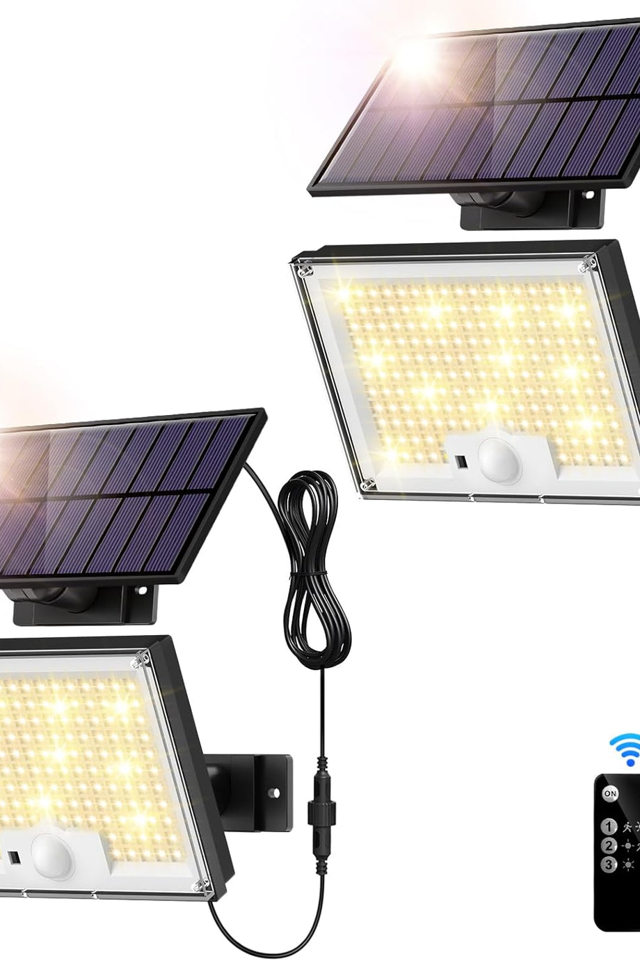 2'li Hareket Sensörlü Güneş Enerjili Işıklar, 172 LED, IP65 Su Geçirmez, Sıcak Işık