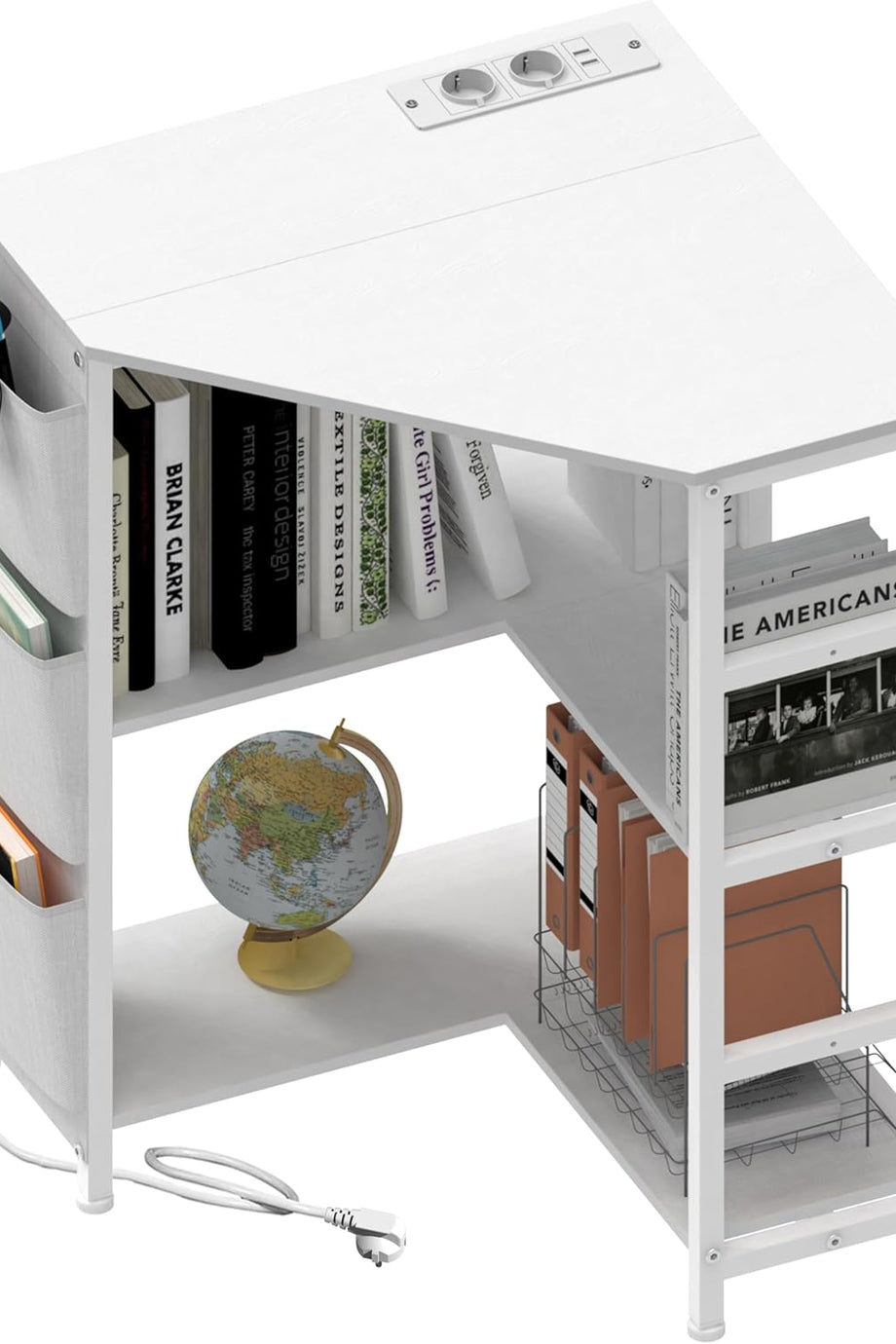 3 Katlı Köşe Yazıcı Masası, USB & Prizli Şarj İstasyonlu, Ayarlanabilir Ayaklı