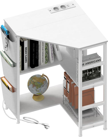 3 Katlı Köşe Yazıcı Masası, USB & Prizli Şarj İstasyonlu, Ayarlanabilir Ayaklı