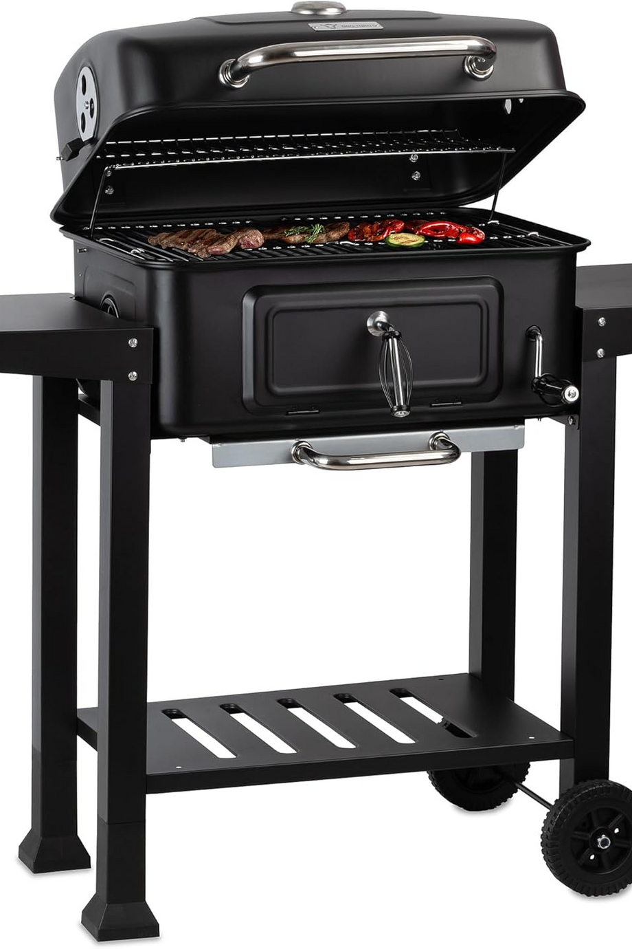 Ayarlanabilir Kömür Hazneli Kapaklı Mangal, Termometreli ve Tekerlekli XXL Trolley