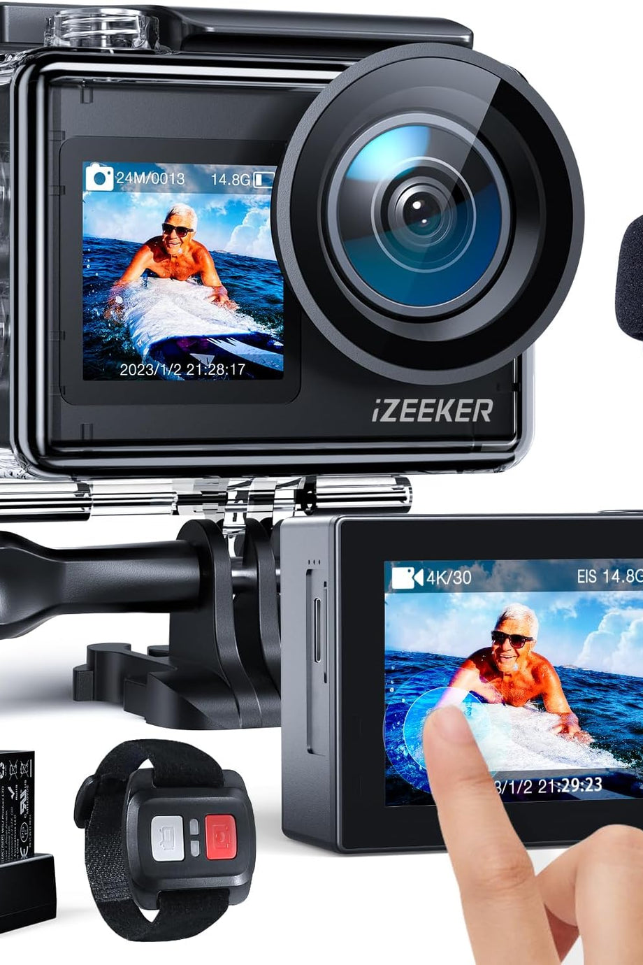 4K 24 MP Aksiyon Kamerası, 40 m Su Geçirmez, Çift Ekran, Wi-Fi, EIS Destekli