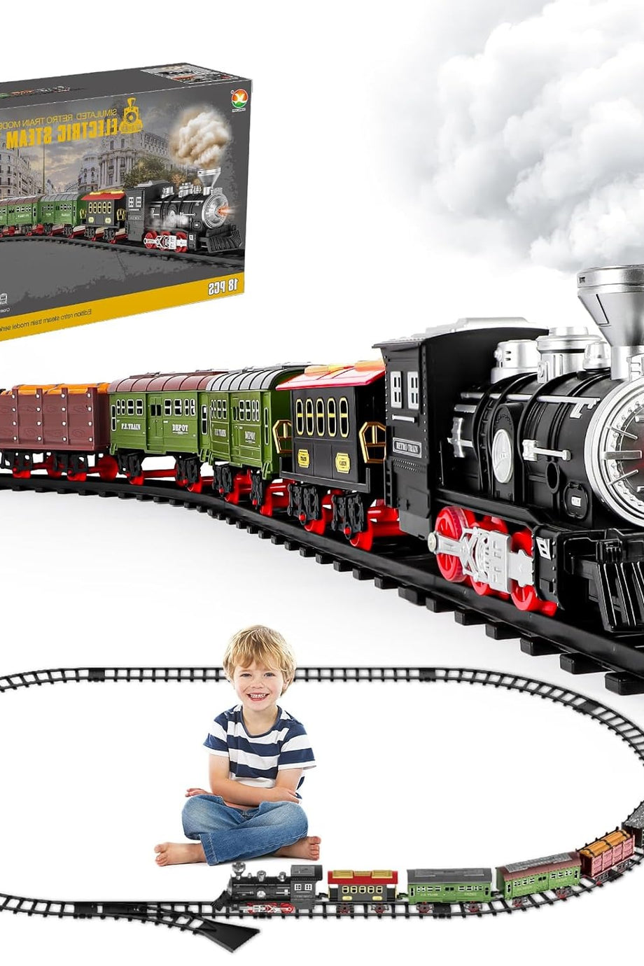 Retro Elektrikli Buhar Tren Oyuncağı, Işık ve Sesli, 6 Vagonlu Çocuklar İçin Hediye, 3-8 Yaş Arası