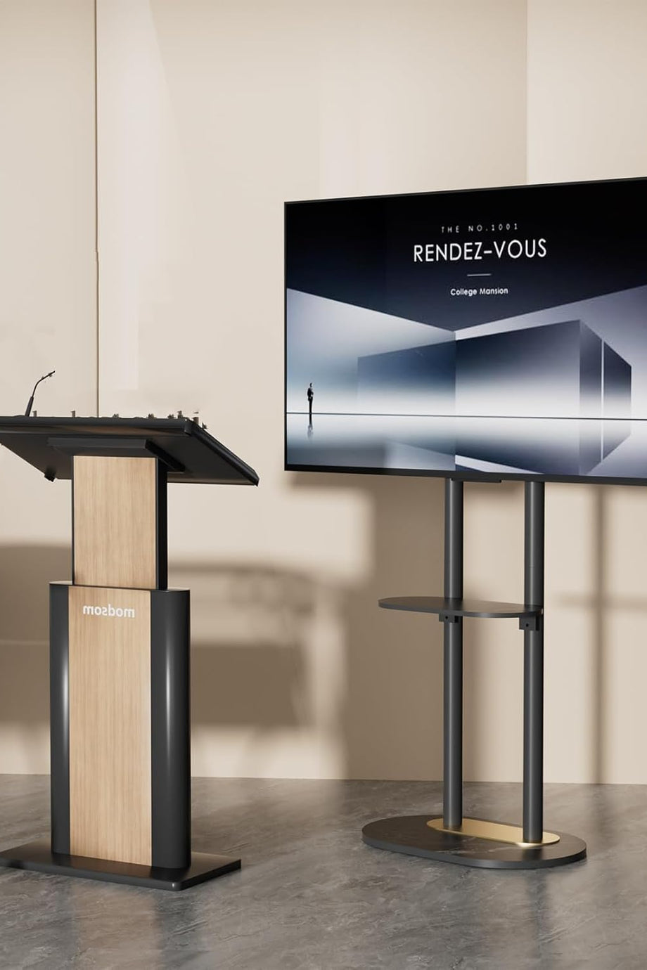 Siyah Zemin TV Standı: 40-75 Inç, Yükseklik Ayarlanabilir ve 2 Depolama Raflı, LED OLED QLED