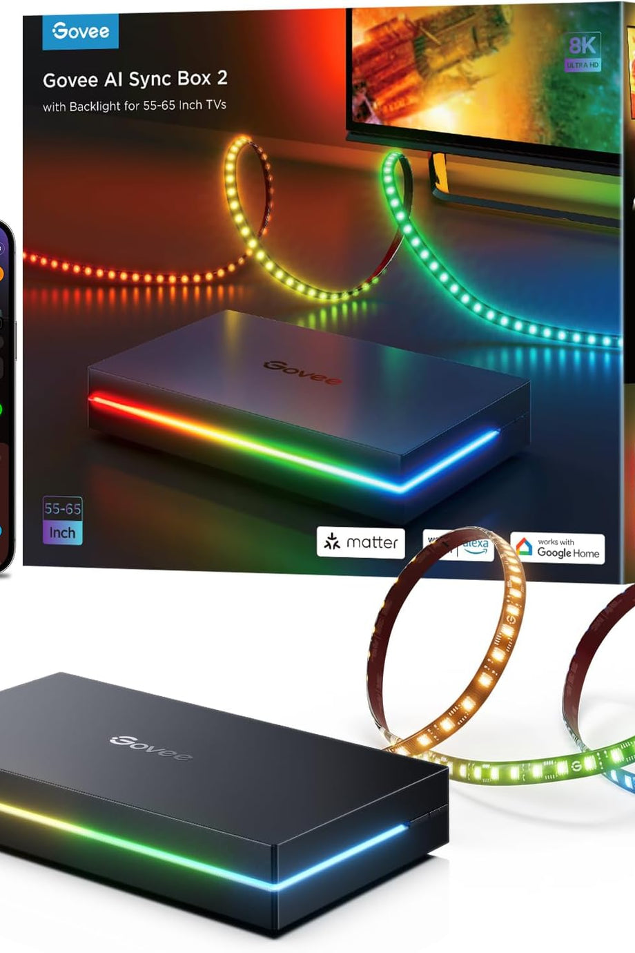 HDMI 2.1 Sync Box AI Kit 2, 8K@60Hz, 4K@144Hz, VRR, RGBIC LED, TV Arka Plan Aydınlatması