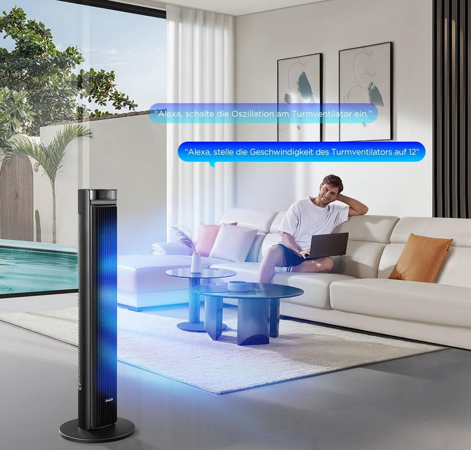 24 Saatlik Zamanlayıcı, 150° Salınımlı Akıllı Kule Fan, APP ve Sesle Kontrol, Siyah