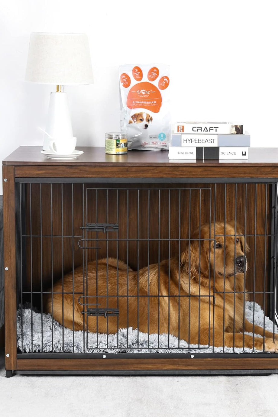 Ahşap Köpek Kafesi Mobilyası İç Mekan Kafesi, Çift Kapı, Orta-Büyük Boy Köpekler için, Sehpa