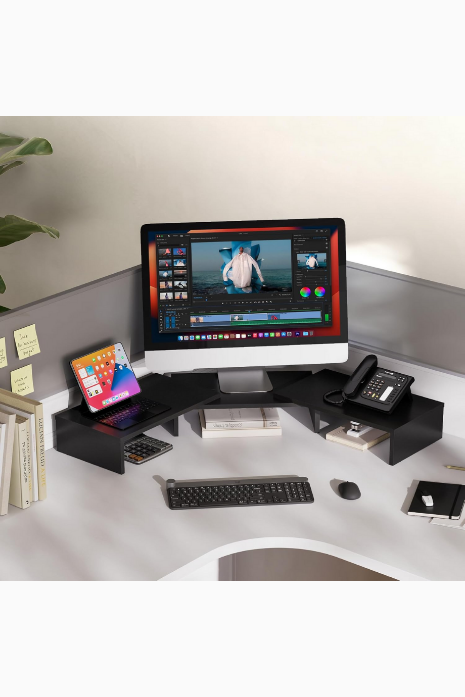 Çift Ahşap Monitör Standı, Ayarlanabilir & Döndürülebilir