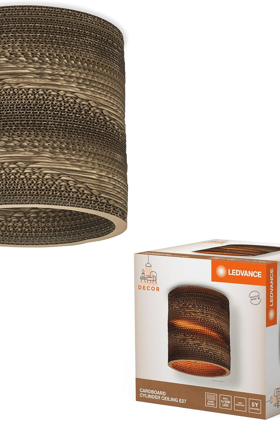 Dekoratif Karton Silindir Masa Lambası Geri Dönüştürülmüş Malzemeden, E27 Duy, 250 mm
