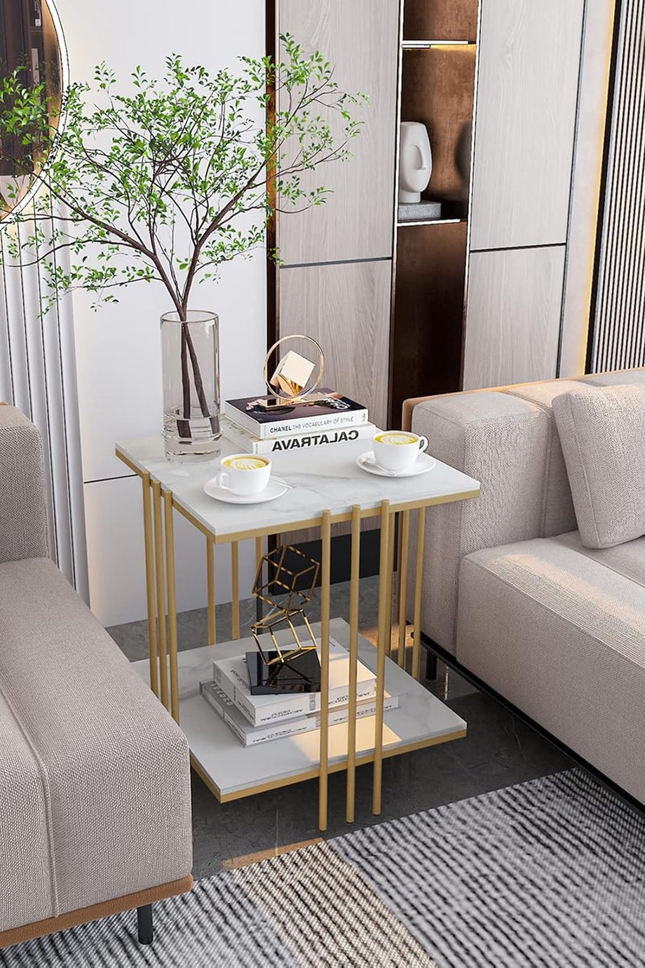 Mermer Yan Sehpa, 2 Katlı, Altın Metal Çerçeveli, Modern ve Lüks Yan Masa