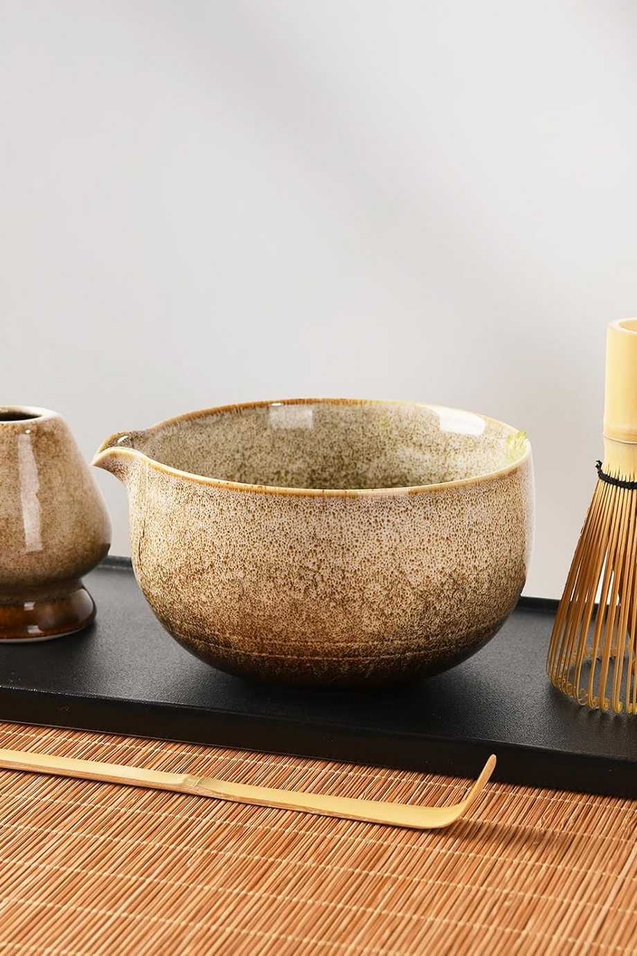 Japon Seremoni Matcha Seti Ağızlı Seramik Kase, Bambu Çırpıcı ve Kaşık ile 4 Parça Kit