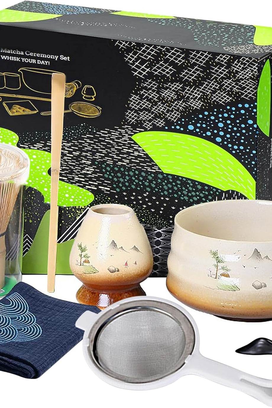 7 Parça Japon Matcha Seti, Bambu Çırpıcı, Matcha Kasesi, Kaşık, Süzgeç ve Çay Yapma Araçları