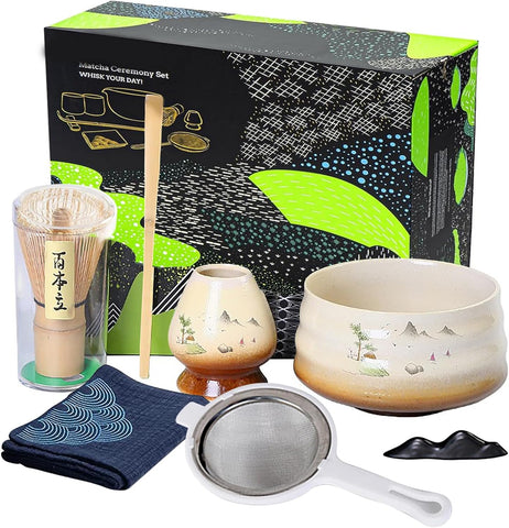 7 Parça Japon Matcha Seti, Bambu Çırpıcı, Matcha Kasesi, Kaşık, Süzgeç ve Çay Yapma Araçları