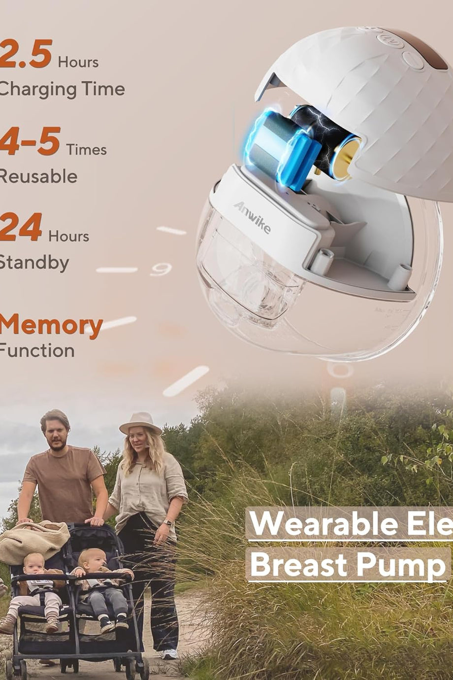 Elektrikli Çift Göğüs Pompası, 338 mmHg Güçlü Emiş, 9 Seviye, LED Ekranlı