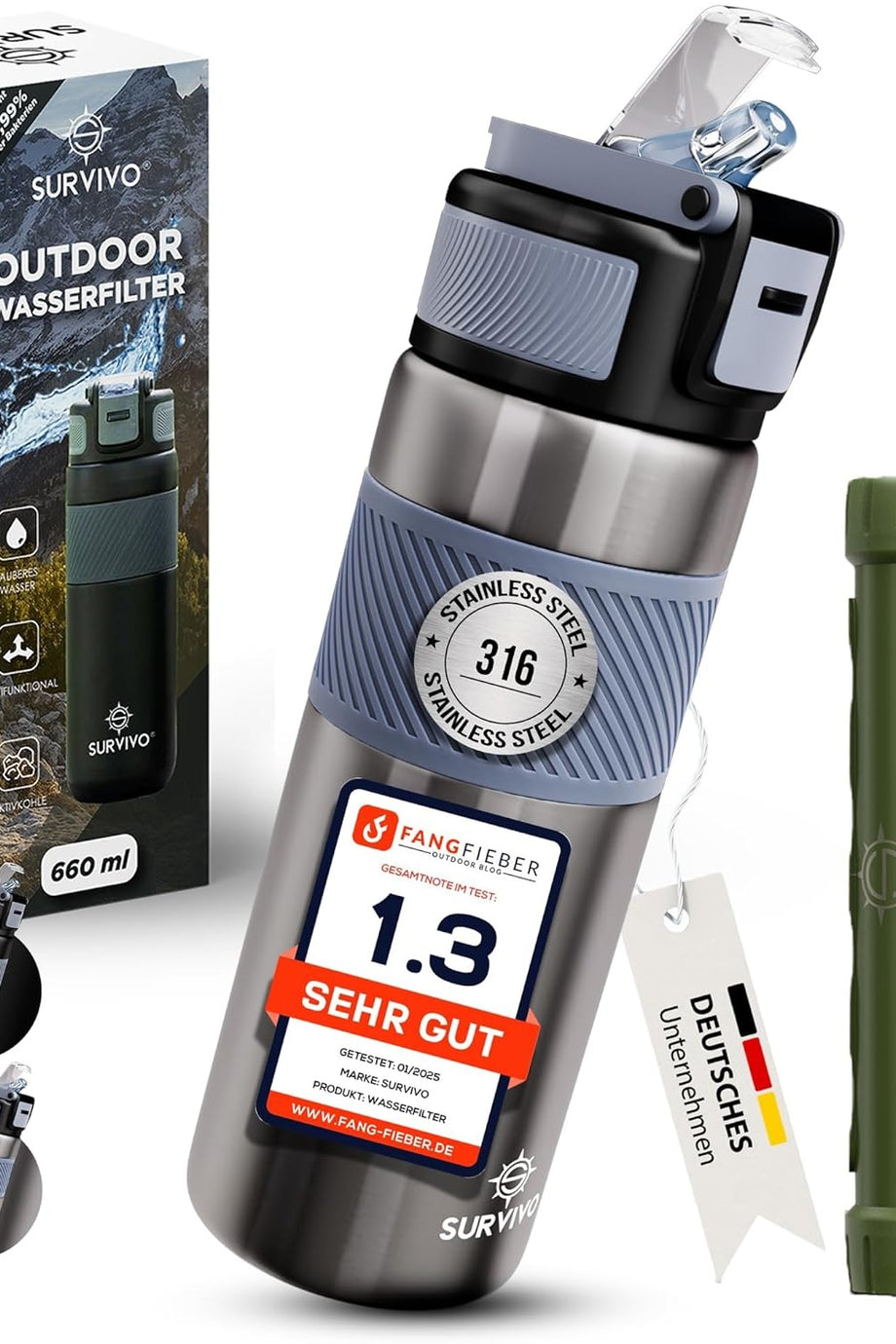 660 ml Su Arıtmalı Çelik Matara Hayatta Kalma Kamp Seyahat Acil Durum Şişesi