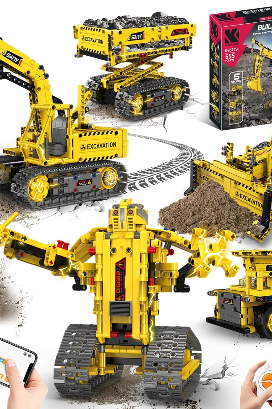 Technik Uzaktan Kumandalı 5'i 1 Arada Robot Oyuncağı, Kazıcı, Buldozer ve Forklift