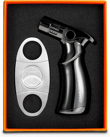 Puro Makası ve Çakmak Seti, 4 Alevli, Paslanmaz Çelik, Ayarlanabilir Alevli