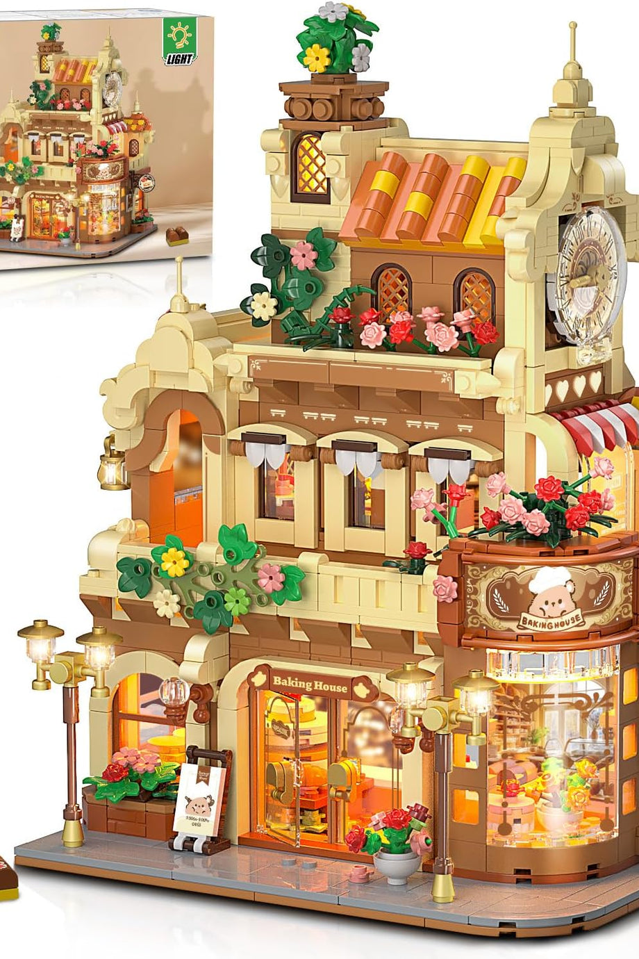 Işıklı Şehir Fırın Kafe Evi Yapı Blokları, 1289 Parça Kek ve Ekmek Fırını Model Seti