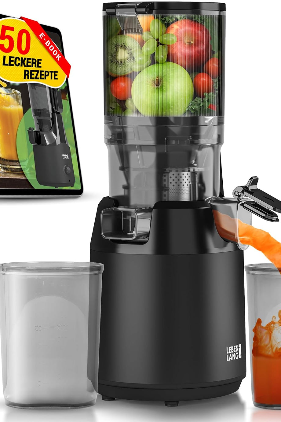 Meyve Sıkacağı, 250W Güç, 130 mm Geniş Ağız, BPA İçermez Mat Siyah Slow Juicer