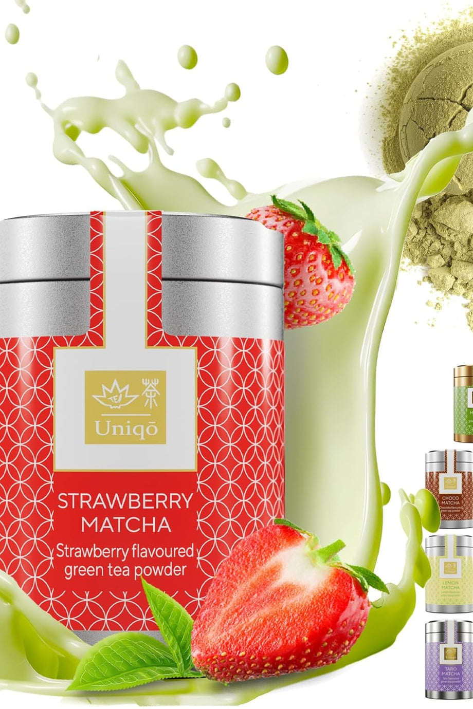 Çilek Aromalı Premium Japon Matcha Tozu 30g Şeker İlavesiz Vegan, Metal Kutuda