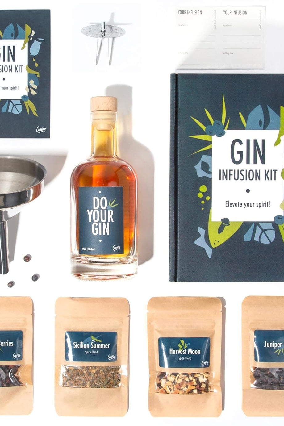 DIY Gin Infusion Set Baharatlar, Şişeler ve Kokteyl Aksesuarları ile Hediye Seti